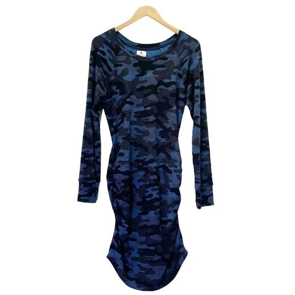 Sundry Side Ruched Sweatshirt Dress in Blue & Black Camo Sundry 2 | Size Medium - Picture 2 of 12
